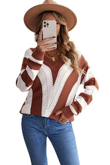 Brown Striped Colorblock V Neck Knitted Sweater Sweaters & Cardigans JT's Designer Fashion