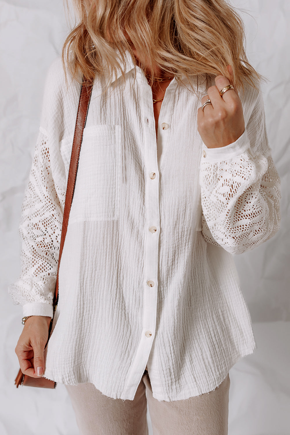 White Cotton Gauze Lace Patchwork Long Sleeve Shirt Blouses & Shirts JT's Designer Fashion
