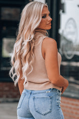 Oatmeal Solid Color Turtleneck Knit Tank Top Sweaters & Cardigans JT's Designer Fashion