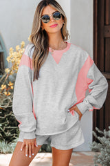 Light Grey Color Block Raw Hem Pullover and Casual Shorts Set Light Grey 65%Polyester+35%Cotton Short Sets JT's Designer Fashion