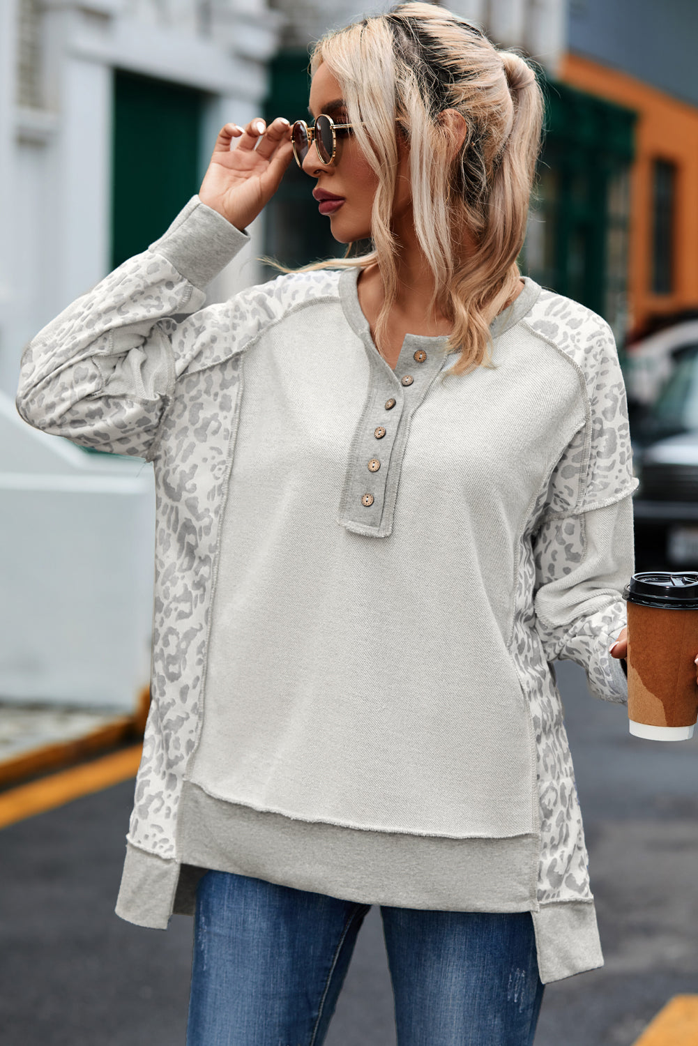 Gray Leopard Patchwork Exposed Seam Buttoned Neck Sweatshirt Sweatshirts & Hoodies JT's Designer Fashion