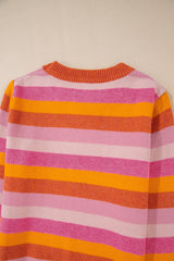 Orange Color Block Ribbed Edge Round Neck Sweater Sweaters JT's Designer Fashion