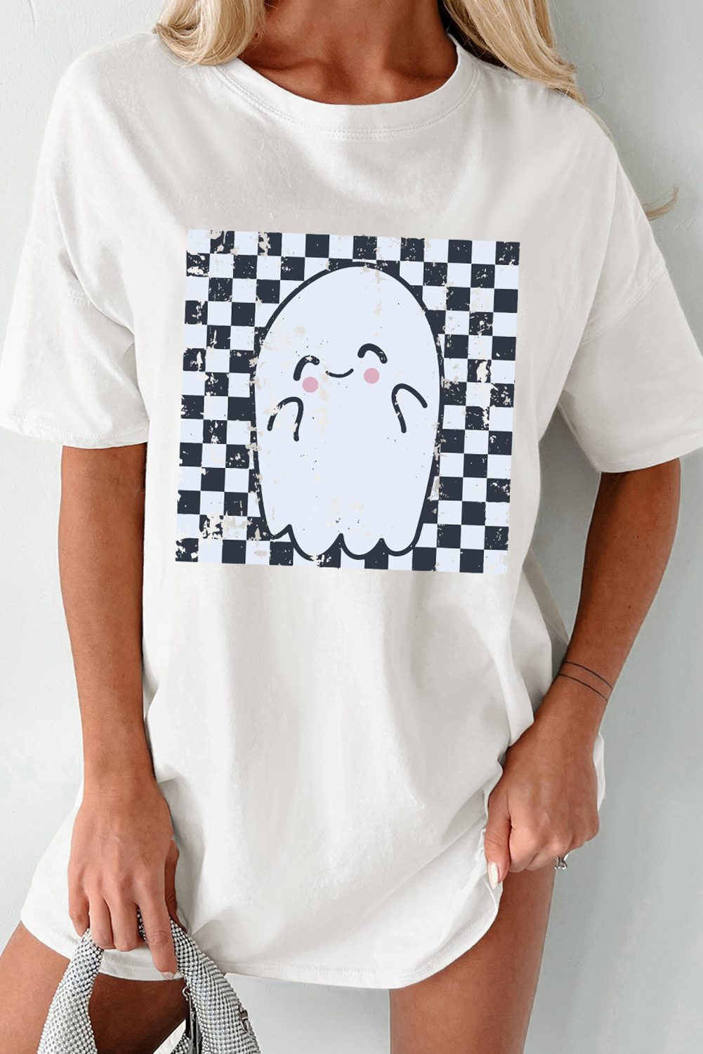 White Checkered Ghost Print Crew Neck Oversized T Shirt Graphic Tees JT's Designer Fashion