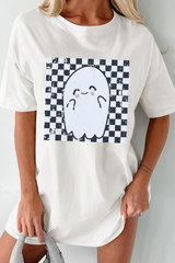 White Checkered Ghost Print Crew Neck Oversized T Shirt Graphic Tees JT's Designer Fashion