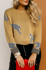 Camel Fuzzy Cheetah Accent Round Neck Sweater Sweaters & Cardigans JT's Designer Fashion