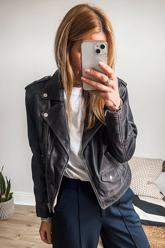 Black PU Leather Lapel Collar Zipper Jacket Jackets JT's Designer Fashion