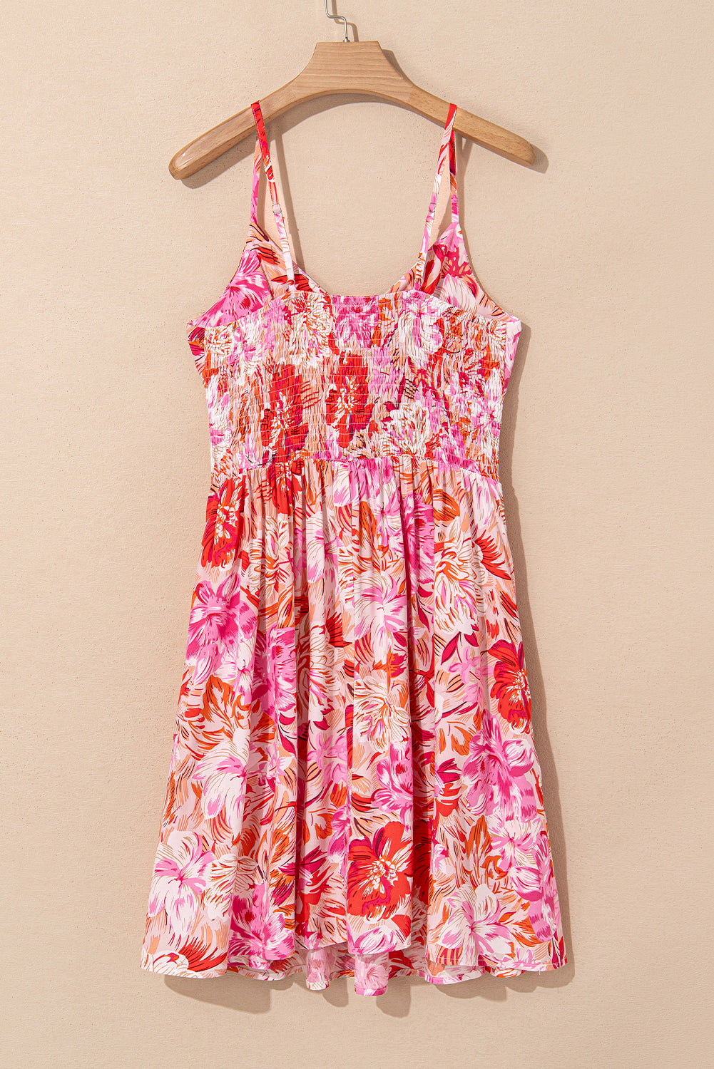 Red Floral Spaghetti Strap Surplice Neck Shirred Waist Mini Dress Floral Dresses JT's Designer Fashion