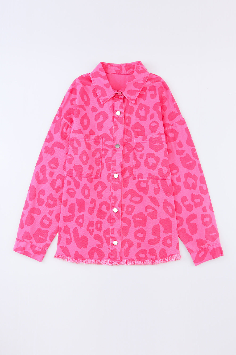 Pink Leopard Print Button Cuffs Raw Hem Jacket Denim Jackets JT's Designer Fashion