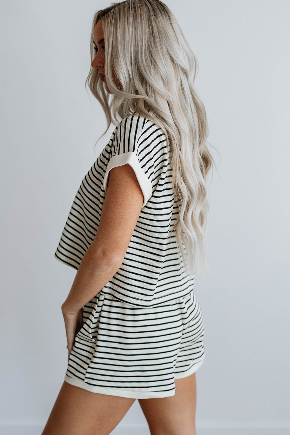 White Stripe Contrast Edge Tee and Shorts Set Short Sets JT's Designer Fashion