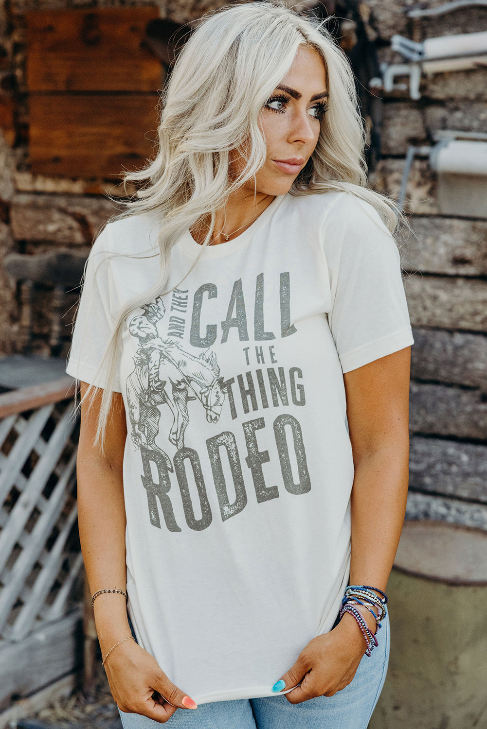 White AND THEY CALL THE THING RODEO Print Round Neck T Shirt Graphic Tees JT's Designer Fashion