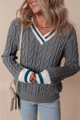 Medium Grey Color Contrast Ribbed Edge Cable Knit V Neck Sweater Sweaters JT's Designer Fashion