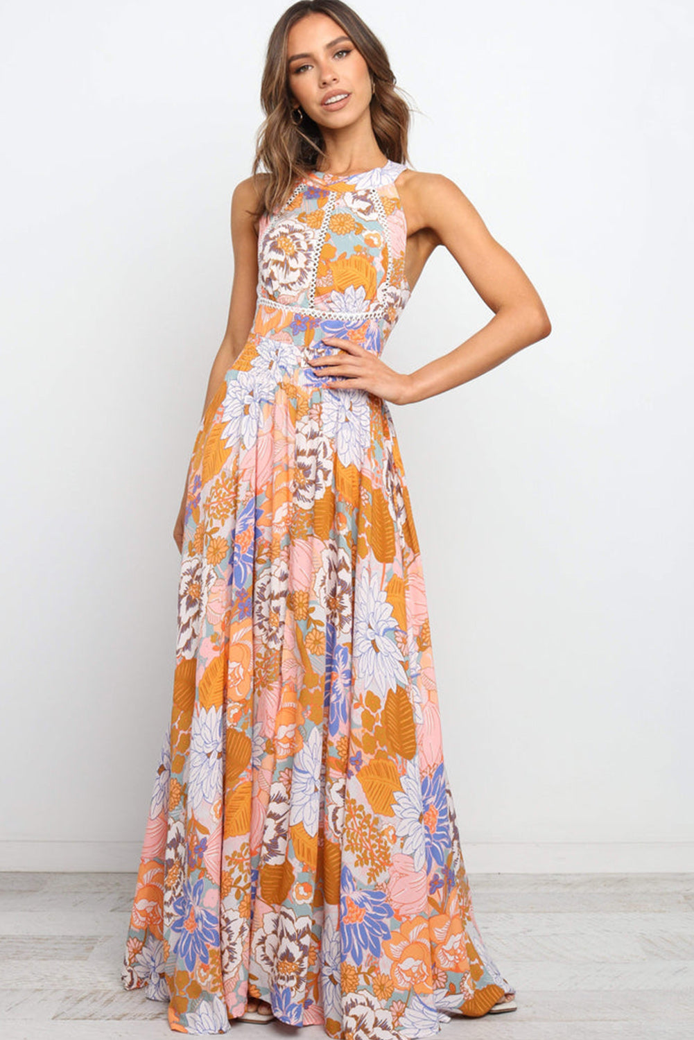 Orange Boho Floral Backless Lace up Sleeveless Maxi Dress Dresses JT's Designer Fashion