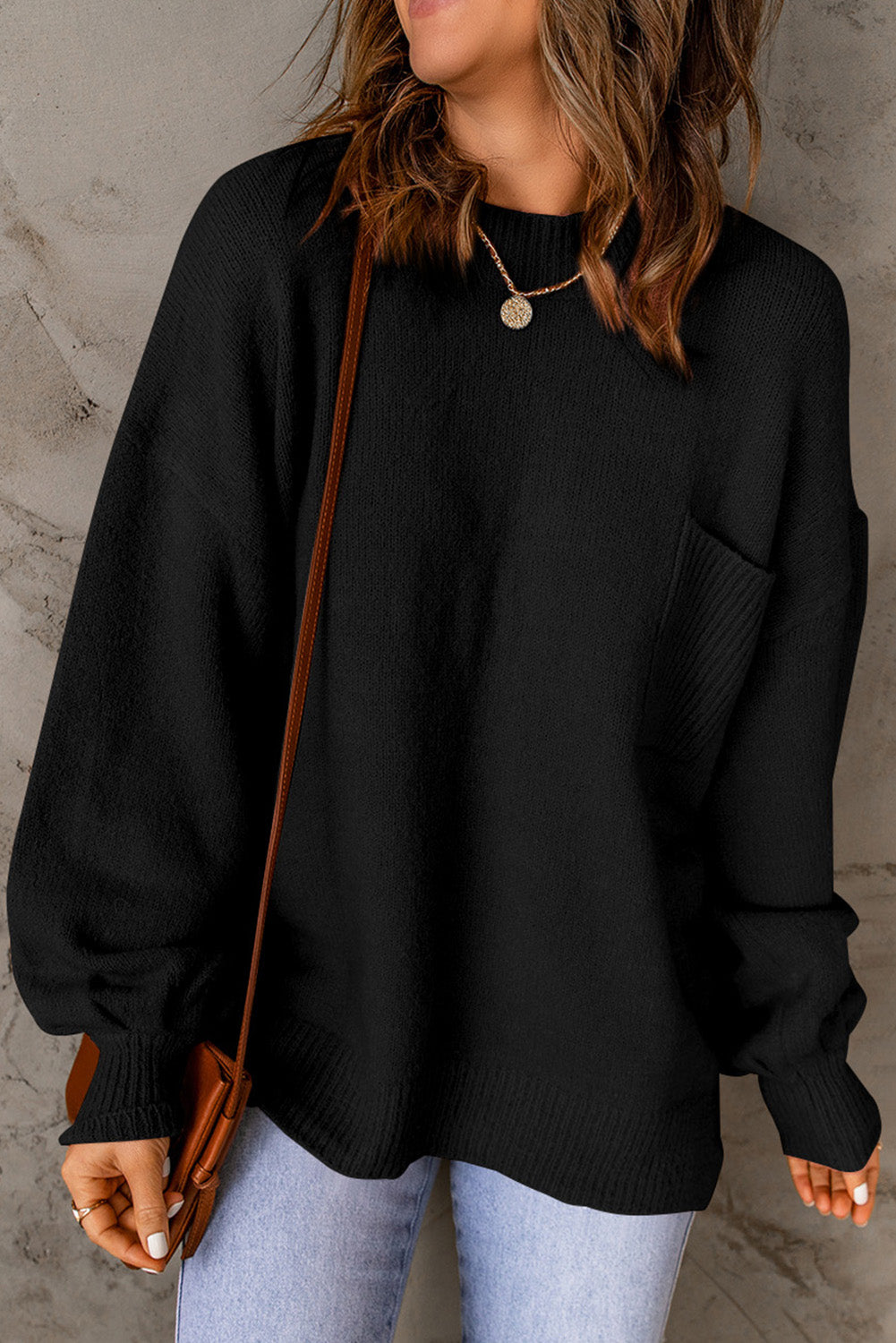 Black Solid Color Puffy Sleeve Pocketed Sweater Sweaters & Cardigans JT's Designer Fashion
