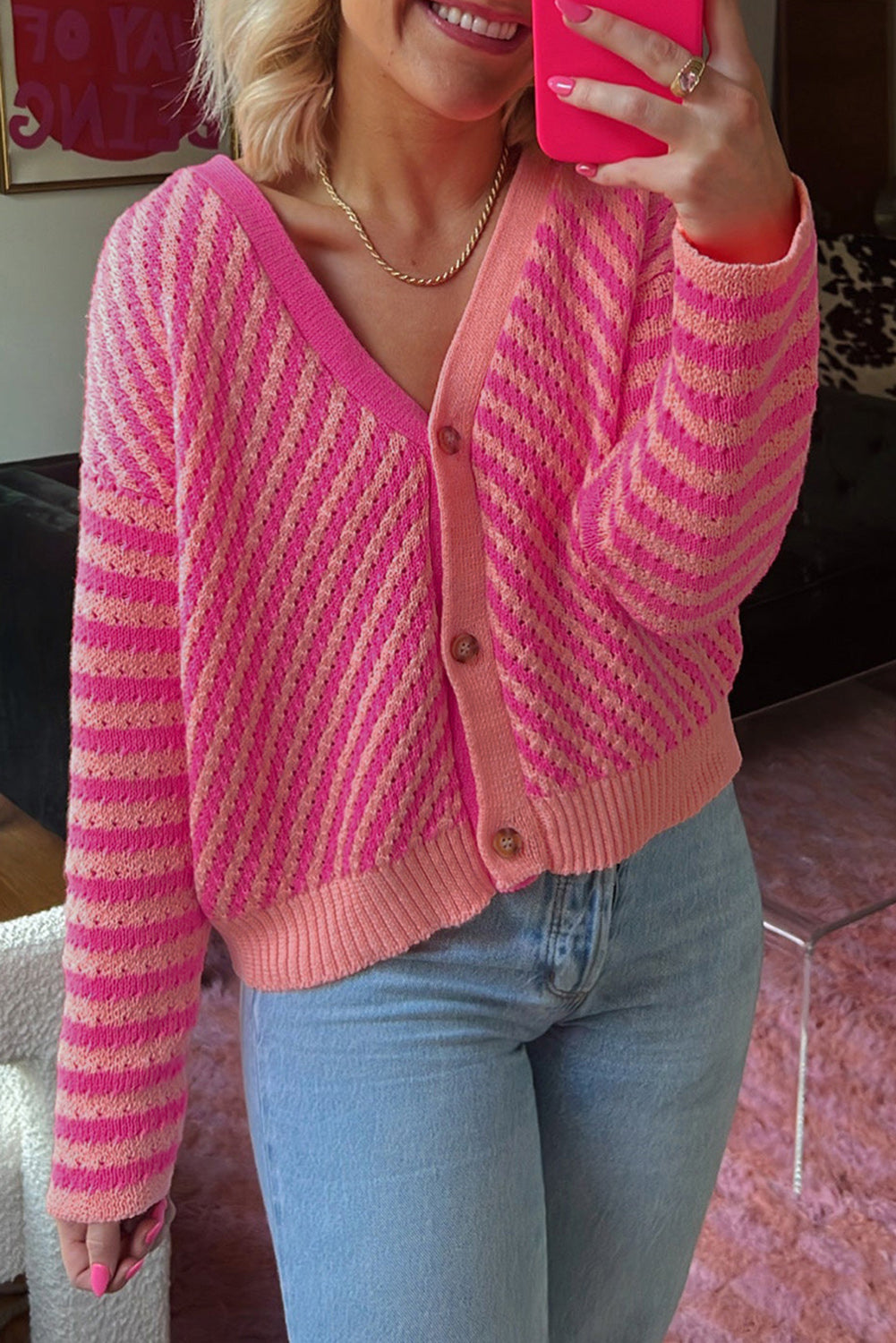 Pink Striped Buttoned V Neck Drop Shoulder Cardigan Pink 55%Acrylic+45%Cotton Cardigans JT's Designer Fashion
