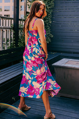 Dark Blue Floral High Waist Sleeveless Flared Long Dress Floral Dresses JT's Designer Fashion