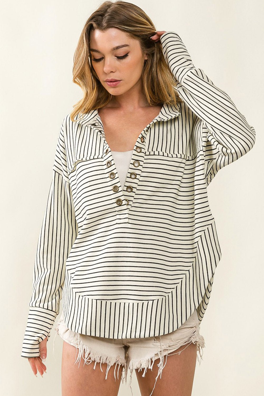 White Striped Thumbhole Drop Shoulder V Neck Top Long Sleeve Tops JT's Designer Fashion