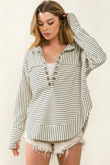White Striped Thumbhole Drop Shoulder V Neck Top Long Sleeve Tops JT's Designer Fashion