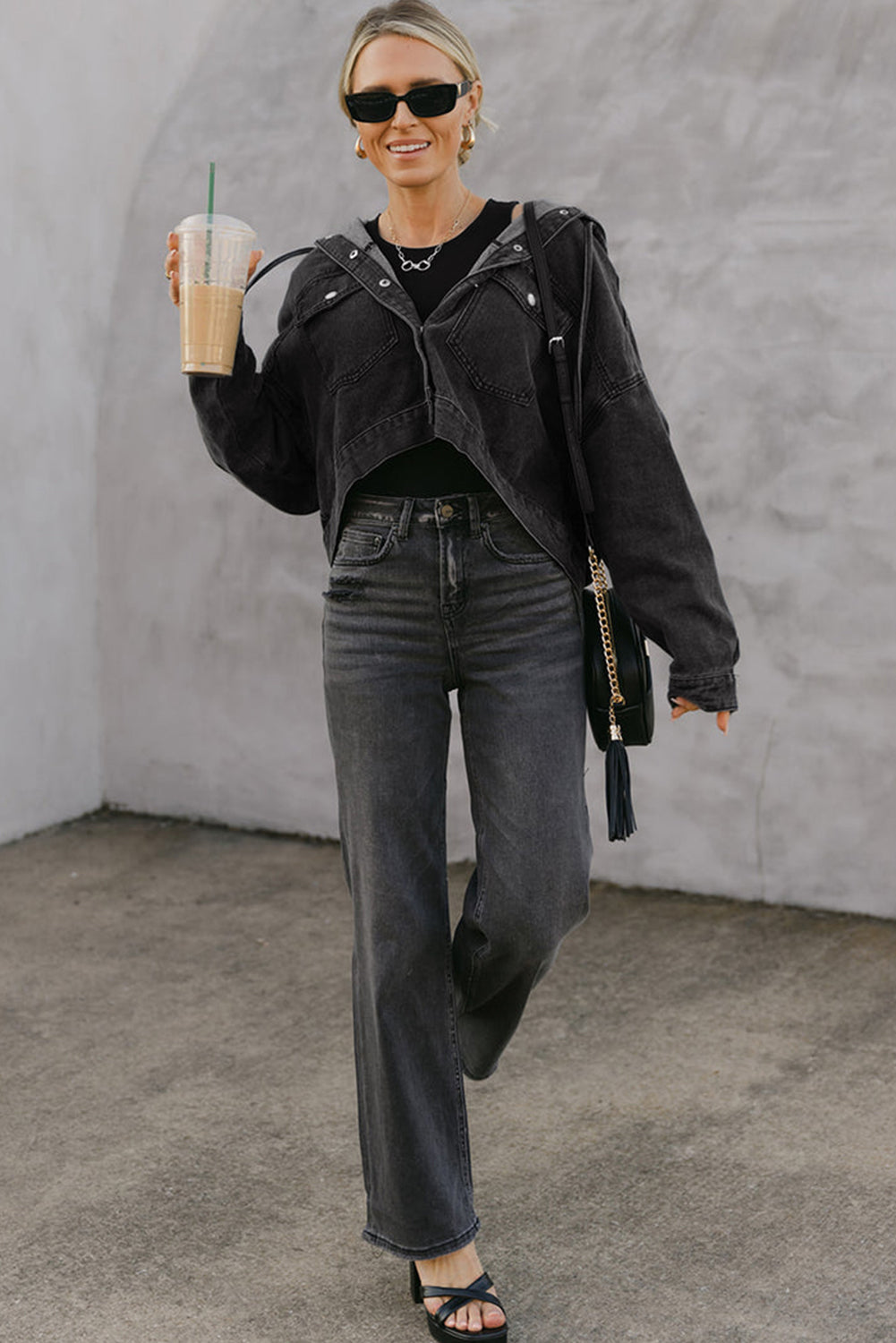 Black Big Chest Pocket Drop Shoulder Hooded Denim Jacket Denim Jackets JT's Designer Fashion