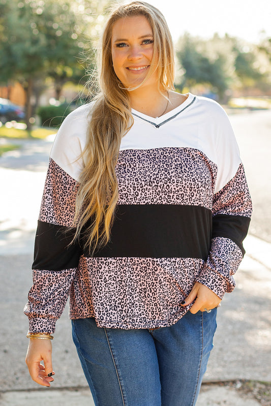 Black Leopard Print Colorblock V Neck Long Sleeve Plus Size Top Black 65%Polyester+30%Viscose+5%Elastane Plus Size Long Sleeve Tops JT's Designer Fashion