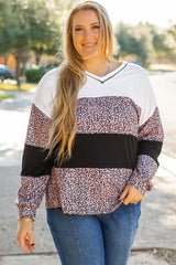 Black Leopard Print Colorblock V Neck Long Sleeve Plus Size Top Black 65%Polyester+30%Viscose+5%Elastane Plus Size Long Sleeve Tops JT's Designer Fashion