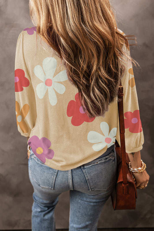 Apricot Cute Flower Print Bracelet Sleeve Top Long Sleeve Tops JT's Designer Fashion