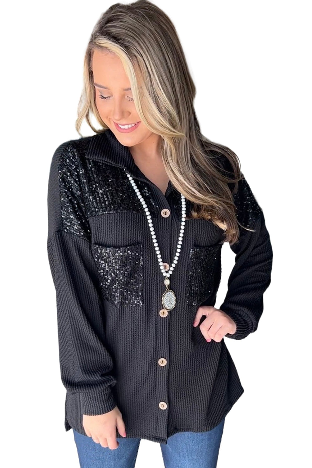 Black Sequin Patch Chest Pocket Corded Shacket Jackets JT's Designer Fashion