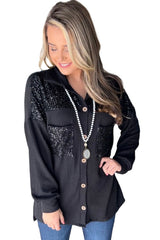 Black Sequin Patch Chest Pocket Corded Shacket Jackets JT's Designer Fashion