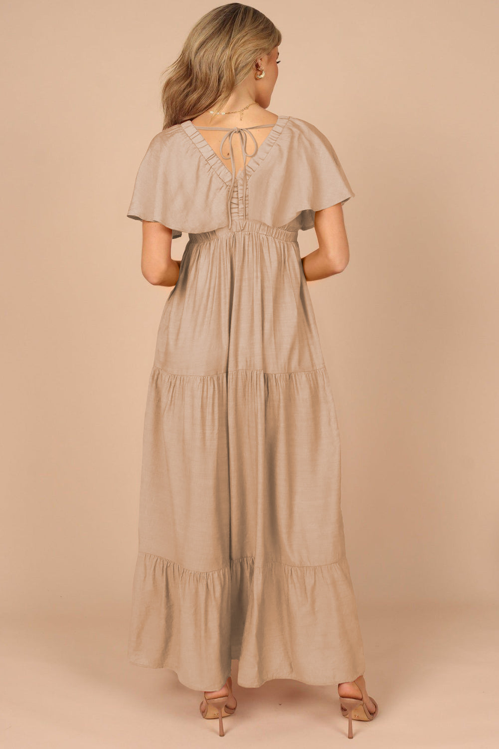 Parchment Textured V Neck Flutter Sleeve Ruffled Long Dress Maxi Dresses JT's Designer Fashion