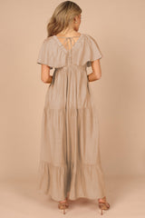 Parchment Textured V Neck Flutter Sleeve Ruffled Long Dress Maxi Dresses JT's Designer Fashion