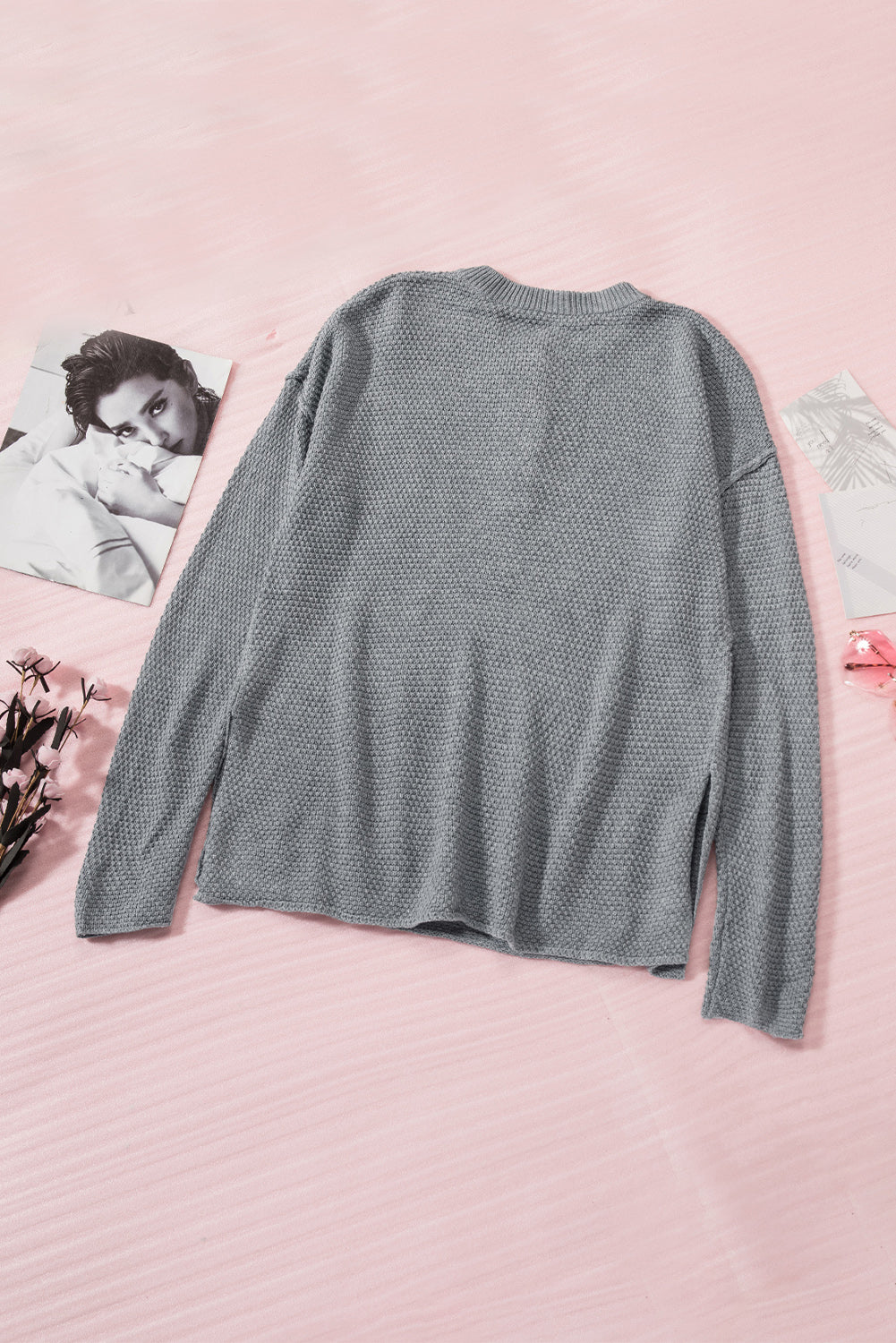 Gray Henley Pullover Drop Shoulder Sweater with Slits Sweaters & Cardigans JT's Designer Fashion