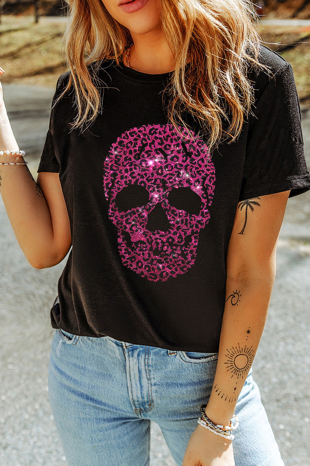 Black Rhinestone Leopard Skull Graphic Crewneck Casual T Shirt Graphic Tees JT's Designer Fashion