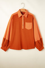 Orange Stripe Exposed Seam Henley Turn-down Neck Puff Sleeve Sweatshirt Sweatshirts & Hoodies JT's Designer Fashion