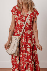 Red Floral Print Buttoned Front V Neck Tiered Short Sleeve Midi Dress Midi Dresses JT's Designer Fashion