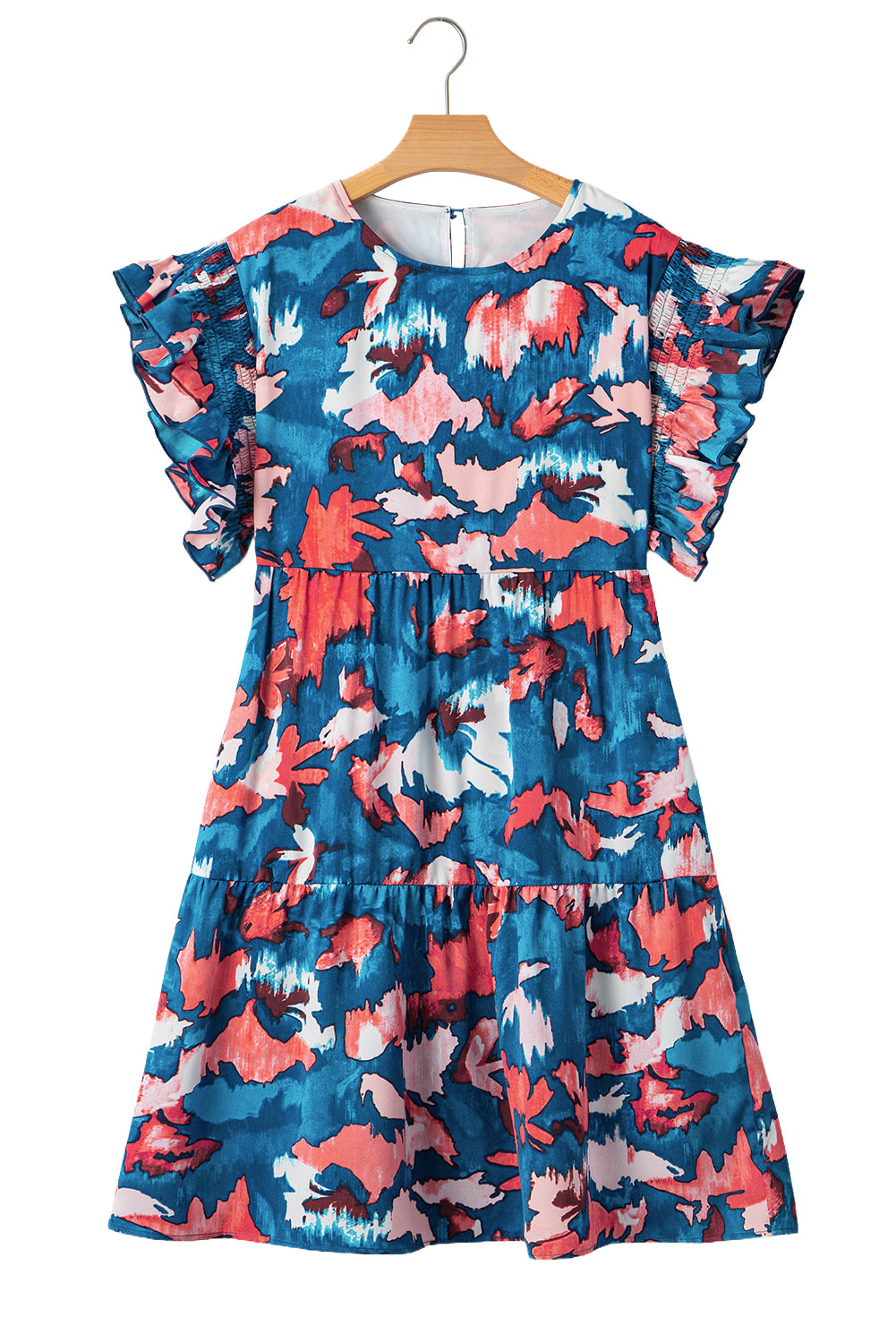Blue Abstract Print Shirred Ruffled Short Sleeve Tiered Plus Size Mini Dress Plus Size Mini Dresses JT's Designer Fashion