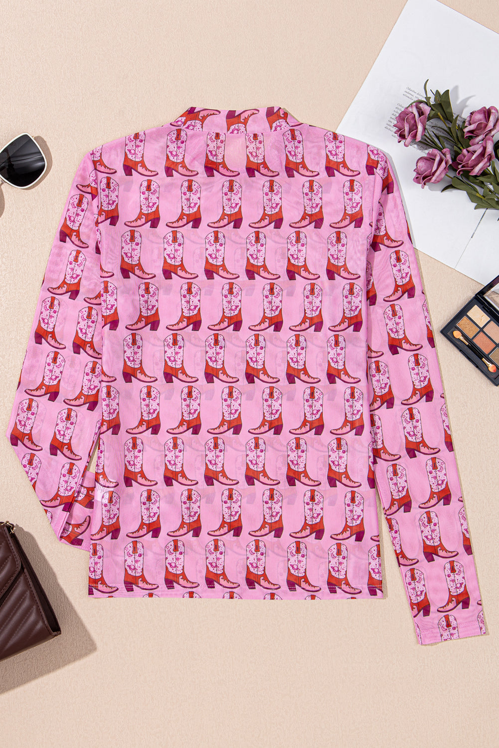 Pink Cowgirl Boots Printed Mock Neck Long Sleeve Mesh Top Long Sleeve Tops JT's Designer Fashion