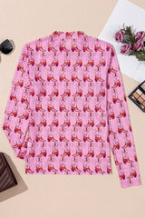Pink Cowgirl Boots Printed Mock Neck Long Sleeve Mesh Top Long Sleeve Tops JT's Designer Fashion