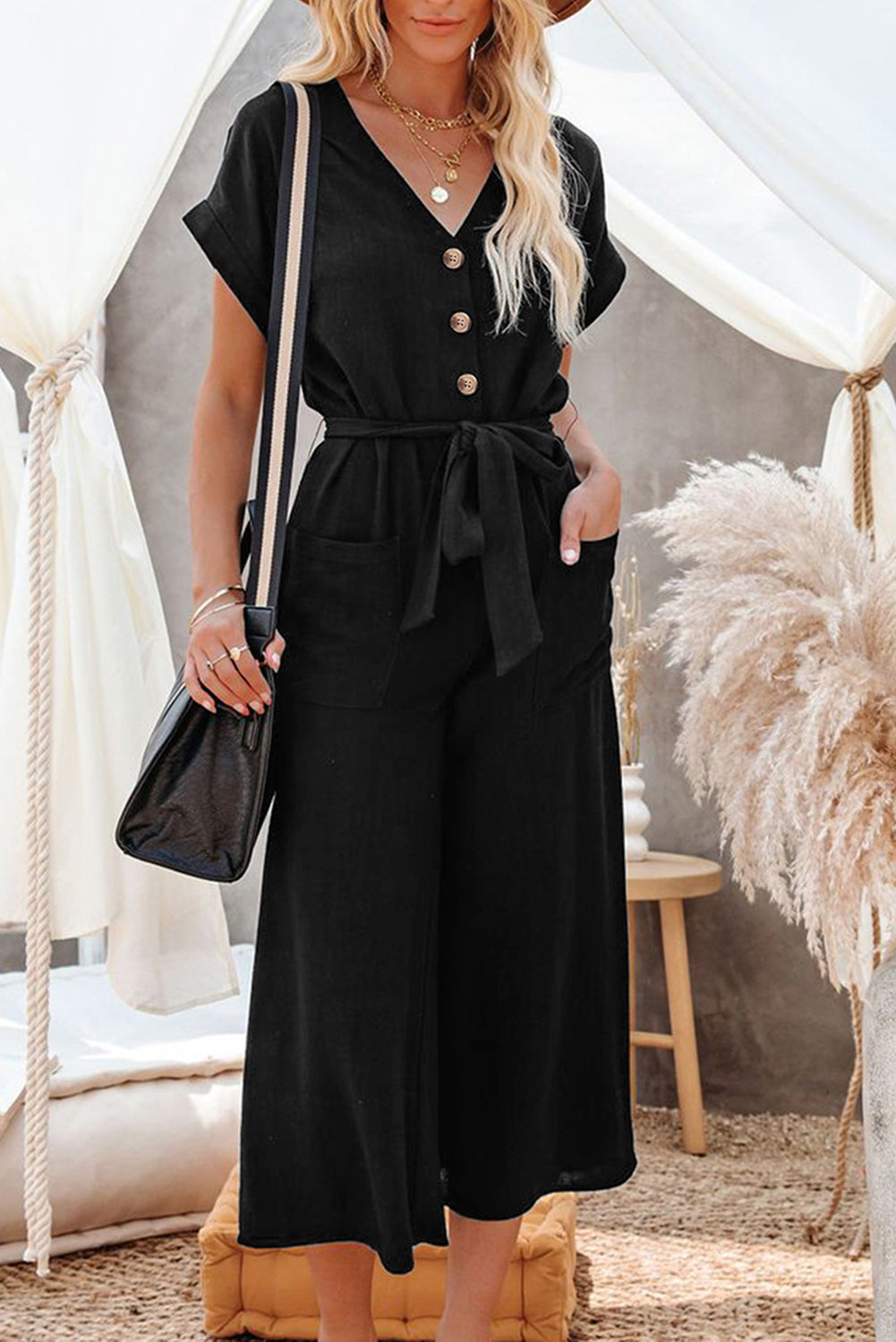 Black Dolman Button Belted V Neck Wide Leg Pocketed Jumpsuit Jumpsuits & Rompers JT's Designer Fashion
