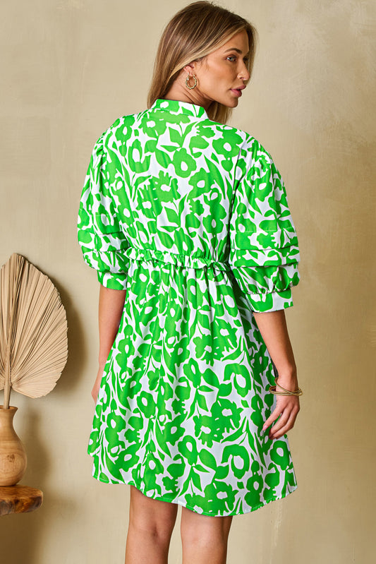 Green Floral Print Puff Half Sleeve V Neck Babydoll Dress Floral Dresses JT's Designer Fashion