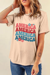 Khaki AMERICA Letter Floral Print T Shirt Graphic Tees JT's Designer Fashion