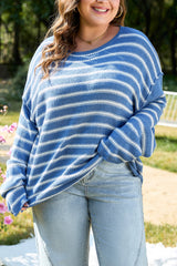 Sky Blue Stripe Drop Shoulder O Neck Plus Size Sweater Plus Size Sweaters & Cardigans JT's Designer Fashion