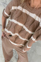 Dark Khaki Striped Cable Short Sleeve Sweater Sweaters & Cardigans JT's Designer Fashion