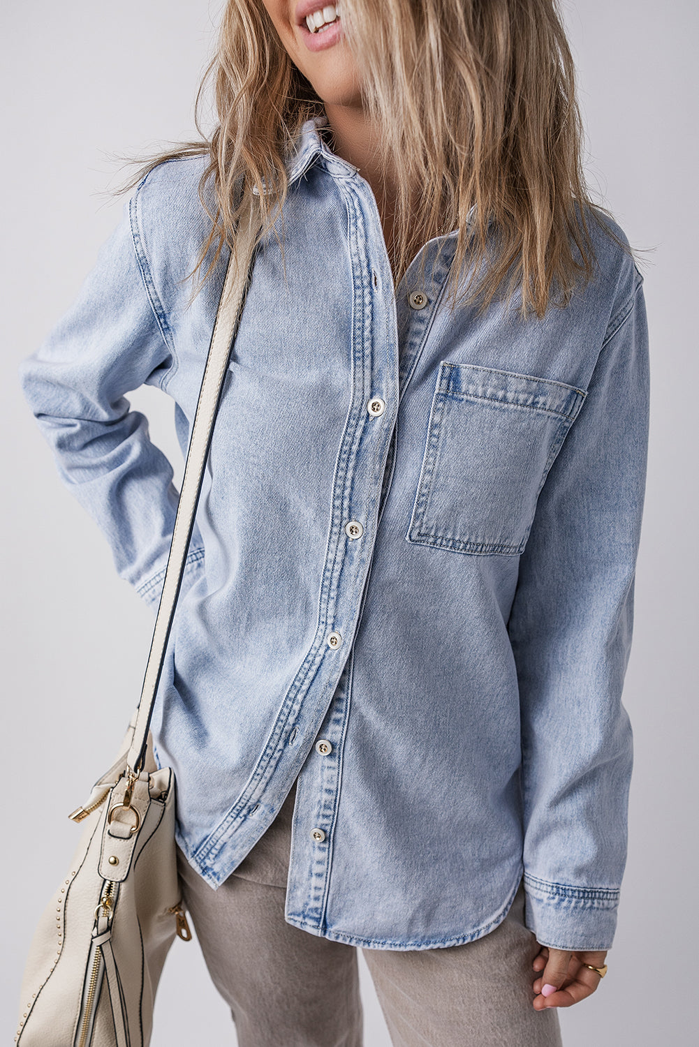 Beau Blue Long Sleeve Buttoned Chest Pocket Denim Shacket Denim Jackets JT's Designer Fashion