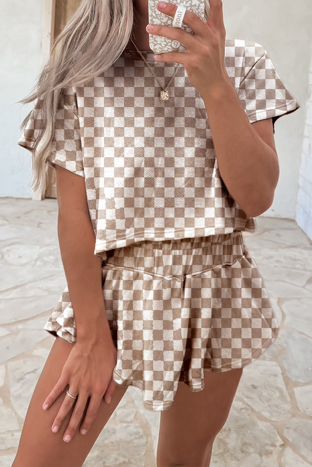 Brown Checkerboard T Shirt and High Waist Skorts 2 Piece Outfit Brown 95%Polyester+5%Elastane Short Sets JT's Designer Fashion