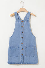 Beau Blue Wide Strap Button Front Pocketed Denim Mini Dress Mini Dresses JT's Designer Fashion