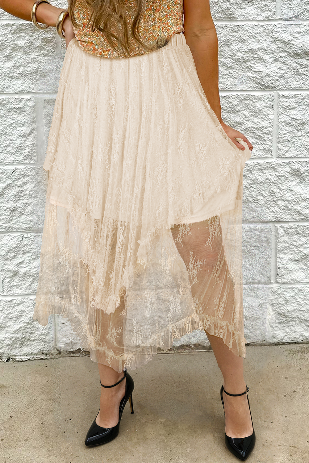 Apricot Lace Cascading Tiered High Waist Maxi Skirt Apricot 90%Polyamide+10%Elastane Skirts & Petticoat JT's Designer Fashion