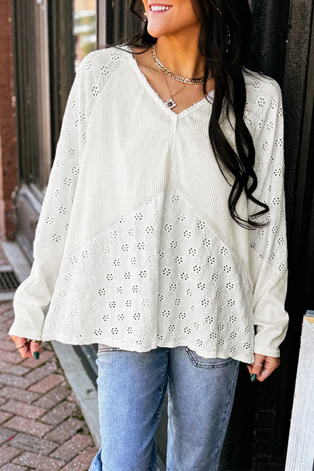 White Twisted Rib Patchwork Embroidered Loose V Neck Long Sleeve Top White 92%Polyester+8%Elastane Blouses & Shirts JT's Designer Fashion