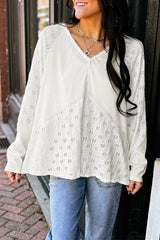 White Twisted Rib Patchwork Embroidered Loose V Neck Long Sleeve Top White 92%Polyester+8%Elastane Blouses & Shirts JT's Designer Fashion