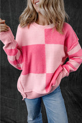 Pink Checkered Colorblock Striped High Low Loose Sweater Sweaters JT's Designer Fashion