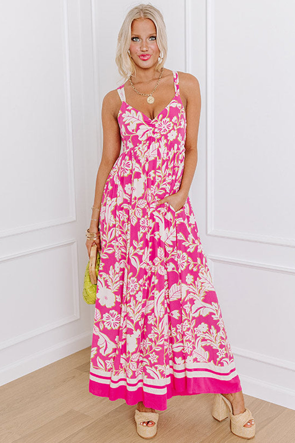 Rose Floral V Neck Crisscross Backless Long Dress Maxi Dresses JT's Designer Fashion