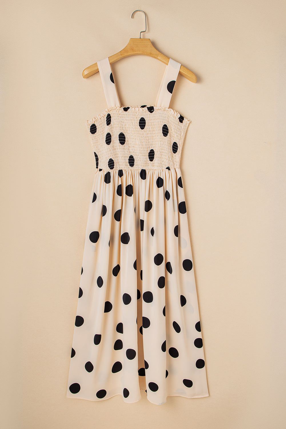 Oatmeal Polka Dot Smocked Fit Flared Sleeveless Long Dress Maxi Dresses JT's Designer Fashion
